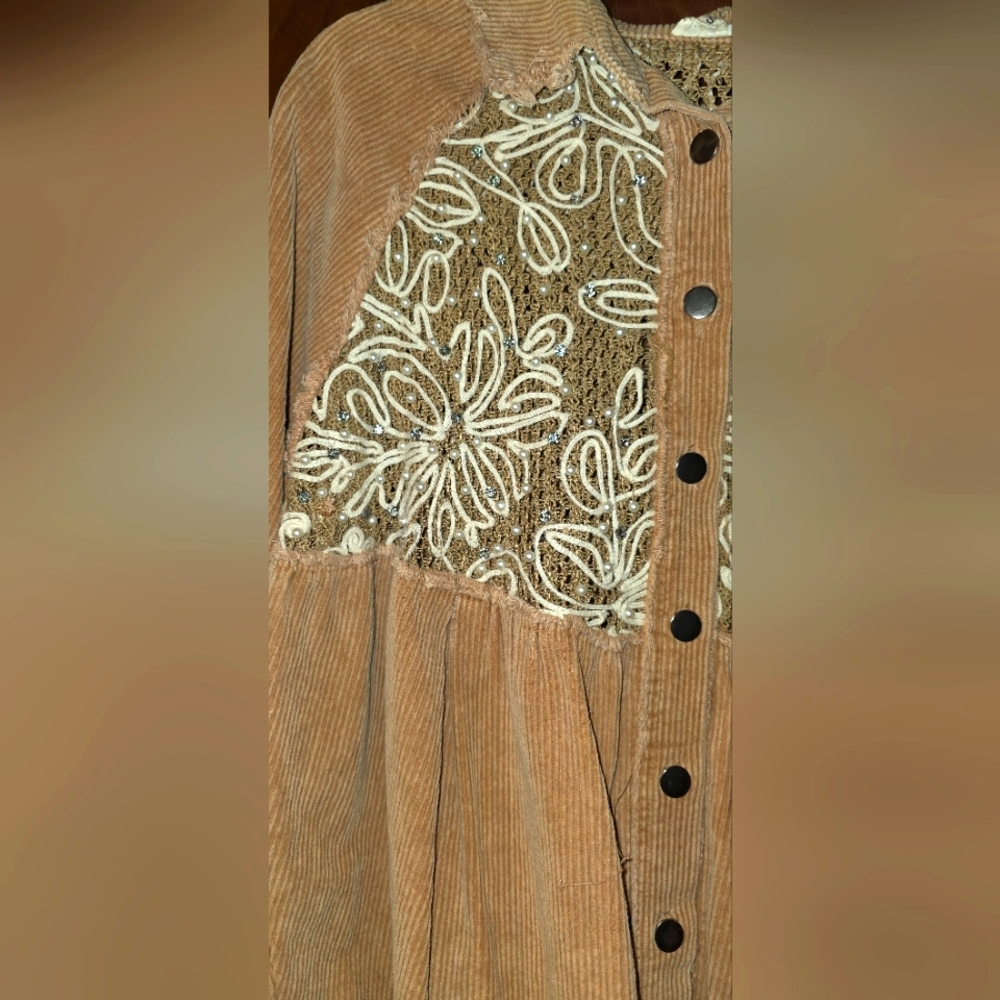 POL Corduroy Button-Down Shirt Jacket in Brown with Cream Embroidery - Picture 2 of 5